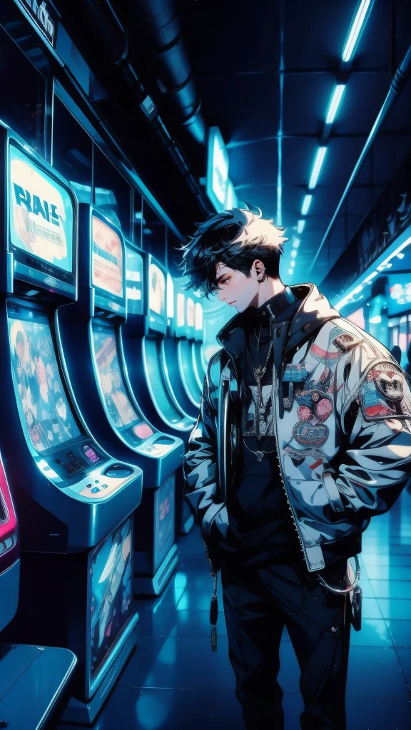 Inside a dimly lit, neon-tinged mall, a stylish boy teenager in a mirrored jacket ducks behind a glowing ticket booth. ((Hands in pockets)), Abstract shapes formed by glowing arcade cabinets pulsate in the background. Action movie scene, suspenseful mood, shallow depth of field, abasterpiece)), ((best quality)), ultra detailed,((illustration)), dynamic angle, detailed light, (delicate eyes), (ahoge:0.8),apathy, ray,frontage,style of anime4 k, 4k anime wallpaper, badass anime 8 k, 4 k comic wallpaper