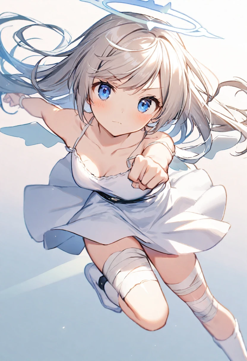 1girl, female, solo, (breast:0.8), blue eyes, (gauze bandage warpped around hand:0.5), stripe bandage on legs, dynamic pose, long hair, wispy bangs, dual angel halo rings, tiny wings on angel halo rings, head tiny wings, white slip, white socks