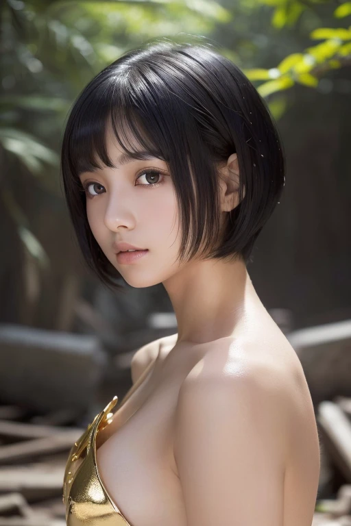 Naked girl standing in ruins、(High resolution:1.3), (16k, Photorealistic, Japanese, (One Girl), Beautiful Face, (A vivid face), (Black-haired、short hair:1.3), Beautiful Hairstyles, Realistic eyes, Beautifully detailed eyes, (Realistic Skin), Beautiful skins, attractive, High detail, Golden Ratio, Highly detailed cute girl,(20-year-old)