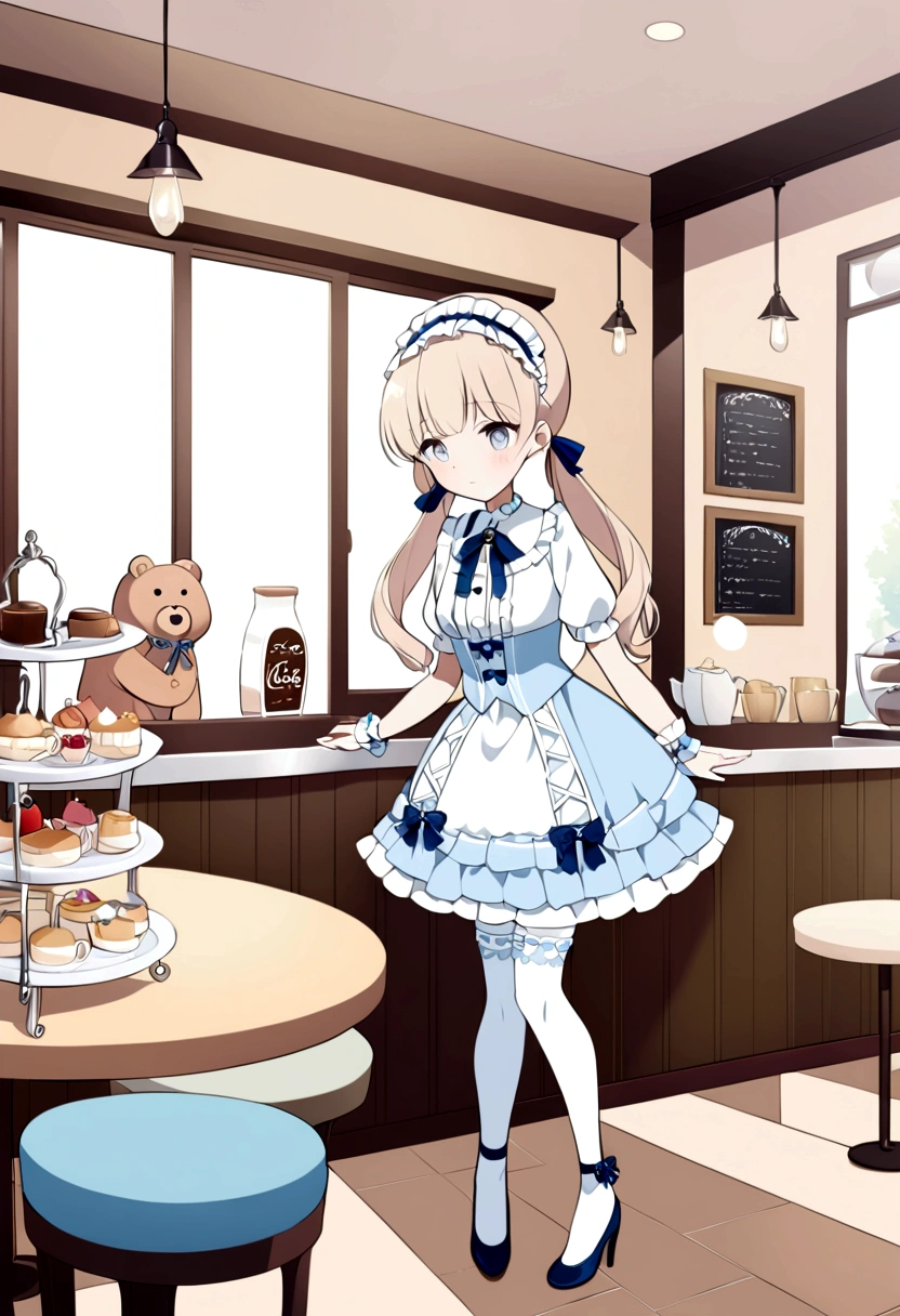 An illustration featuring a ta girl in an anime style is depicted with pastel blue and white attire. The character is characterized by long beige ponytails, a ruffled headband adorned with a blue ribbon, and white striped blue stockings paired with heels embellished with a bear motif. The scene is set in a café shop.