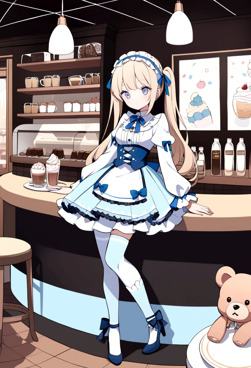 An illustration featuring a Lolita girl in an anime style is depicted with pastel blue and white attire. The character is characterized by long beige ponytails, a ruffled headband adorned with a blue ribbon, and white striped blue stockings paired with heels embellished with a bear motif. The scene is set in a café shop.