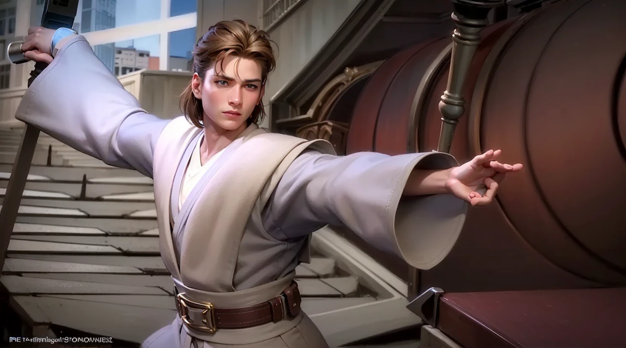 masculine male, masterpiece, ((perfect eyes)) best quality, (semirealism:1.9), beautiful lighting, (extremely detailed CG unity 4k fhd wallpaper), High Detail, Sharp focus, dramatic outdoors, 1 boy ,19 years old, brown short hair, blue eyes, smile