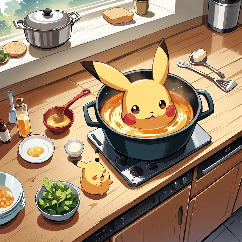 ((anime:1.4,illustration)),(masterpiece, top quality, best quality),(ultra-detailed, absolutely resolution),((16k, high res)),
(((cute illustration of Pikachu cooking in the kitchen. Pikachu should be wearing a tiny apron, stirring a pot on the stove or baking cookies. Include kitchen elements like utensils, pots, and ingredients spread out on the counter. The scene should be playful and engaging, showing Pikachu having fun while cooking.))),
((anime:1.4,illustration)),(masterpiece, top quality, best quality),(ultra-detailed, absolutely resolution),((16k, high res))
BREAK {lofi art, style of Laurie Greasley, style of Makoto Shinkai, anime aesthetic},
BREAK { (produces images with information than 40 million pixels with cinematic-like detailed textures shot on a Sony SLR).}