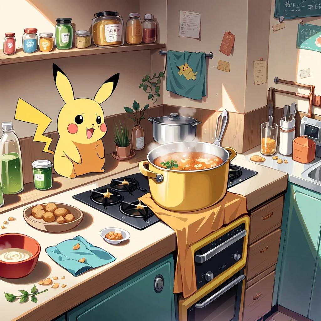 ((anime:1.4,illustration)),(masterpiece, top quality, best quality),(ultra-detailed, absolutely resolution),((16k, high res)),

(((cute illustration of Pikachu cooking in the kitchen. Pikachu should be wearing a tiny apron, stirring a pot on the stove or baking cookies. Include kitchen elements like utensils, pots, and ingredients spread out on the counter. The scene should be playful and engaging, showing Pikachu having fun while cooking.))),

((anime:1.4,illustration)),(masterpiece, top quality, best quality),(ultra-detailed, absolutely resolution),((16k, high res))

BREAK {lofi art, style of Laurie Greasley, style of Makoto Shinkai, anime aesthetic},
BREAK { (produces images with information than 40 million pixels with cinematic-like detailed textures shot on a Sony SLR).}