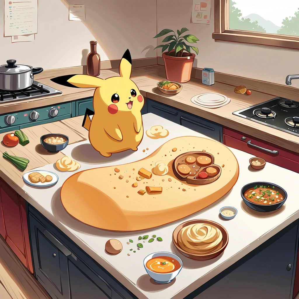((anime:1.4,illustration)),(masterpiece, top quality, best quality),(ultra-detailed, absolutely resolution),((16k, high res)),
(((cute illustration of Pikachu cooking in the kitchen. Pikachu should be wearing a tiny apron, stirring a pot on the stove or baking cookies. Include kitchen elements like utensils, pots, and ingredients spread out on the counter. The scene should be playful and engaging, showing Pikachu having fun while cooking.))),
((anime:1.4,illustration)),(masterpiece, top quality, best quality),(ultra-detailed, absolutely resolution),((16k, high res))
BREAK {lofi art, style of Laurie Greasley, style of Makoto Shinkai, anime aesthetic},
BREAK { (produces images with information than 40 million pixels with cinematic-like detailed textures shot on a Sony SLR).}