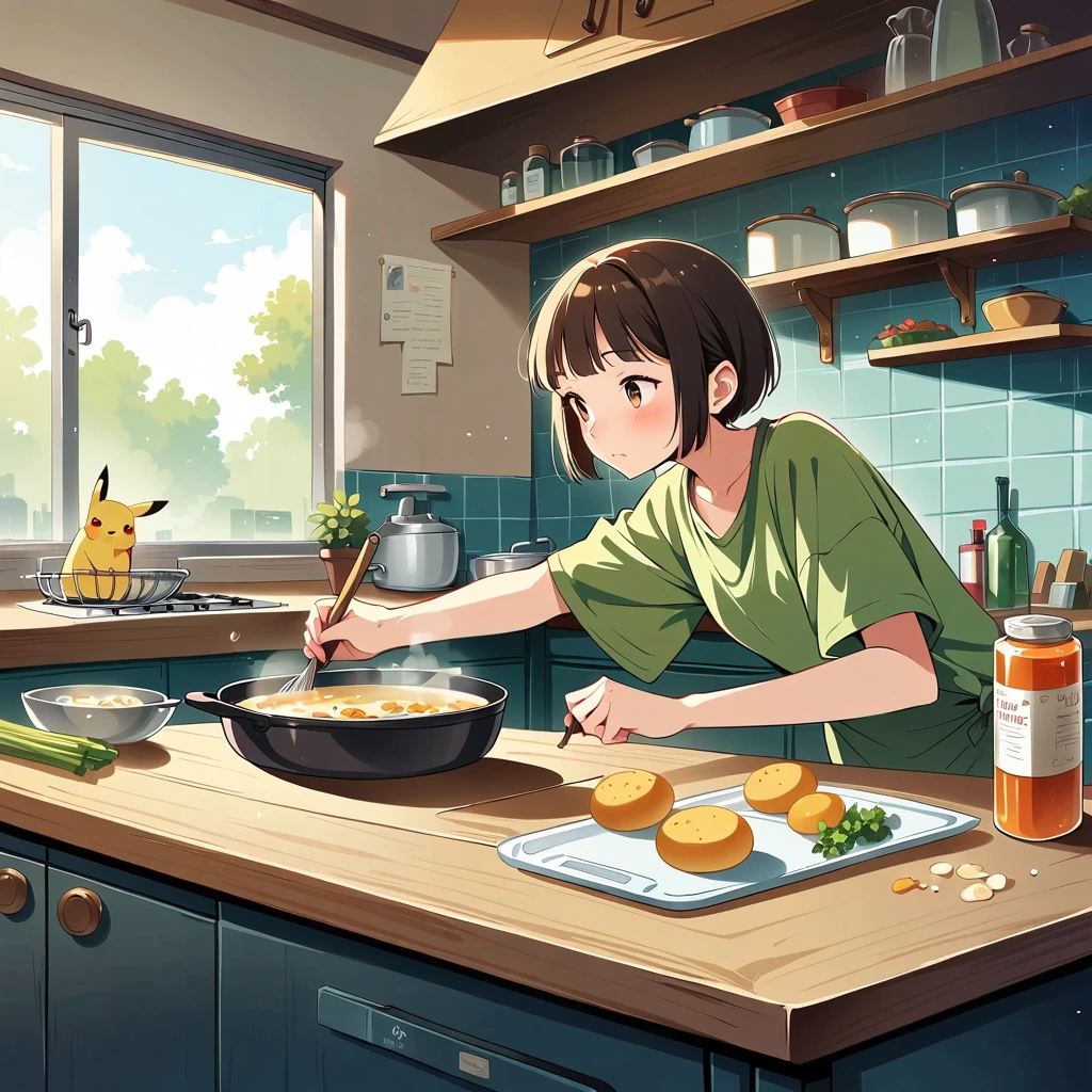 ((anime:1.4,illustration)),(masterpiece, top quality, best quality),(ultra-detailed, absolutely resolution),((16k, high res)),

(((cute illustration of Pikachu cooking in the kitchen. Pikachu should be wearing a tiny apron, stirring a pot on the stove or baking cookies. Include kitchen elements like utensils, pots, and ingredients spread out on the counter. The scene should be playful and engaging, showing Pikachu having fun while cooking.))),

((anime:1.4,illustration)),(masterpiece, top quality, best quality),(ultra-detailed, absolutely resolution),((16k, high res))

BREAK {lofi art, style of Laurie Greasley, style of Makoto Shinkai, anime aesthetic},
BREAK { (produces images with information than 40 million pixels with cinematic-like detailed textures shot on a Sony SLR).}