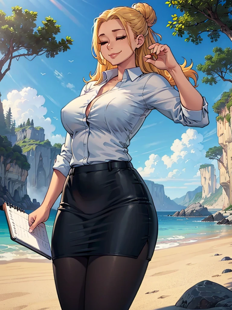 ((art by Kipteitei)), ((Masterpiece, best quality, perfect lighting, amazing shading)), (perfect anatomy, realistic proportions), field of depth, extremely beautiful, 1girl, (blond hair), long hair, hair bun, closed eyes, pencil skirt, dress shirt, black tights, cute smile, ((holding notebook)), legs together, beach background with cliff and waterfall, detailed background, (cowboy shot), (((interesting pose)))