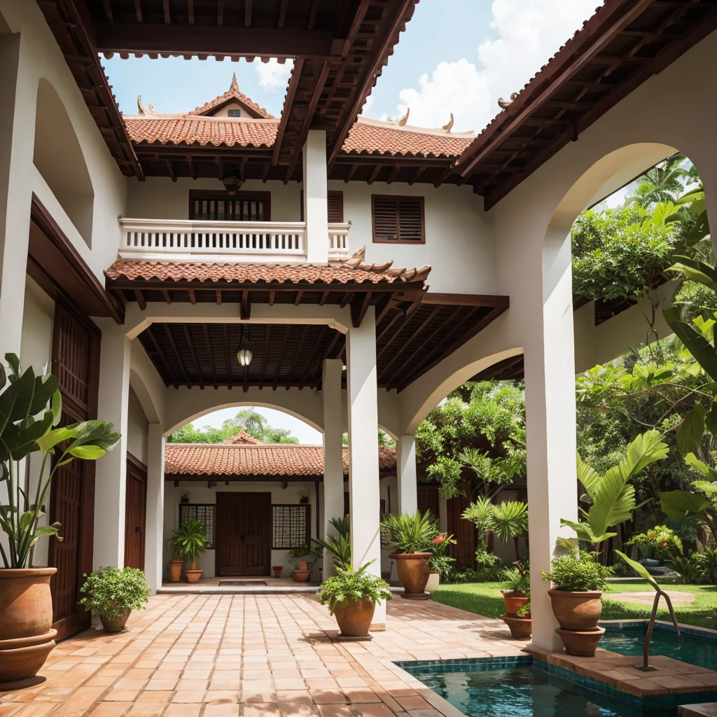 photograph, exterior, vietnamese heritage house, terracotta tiled gable roof, yellow ochre walls, centre lotus pond, wooden doorways, open veranda, serene atmosphere, colonial influences, lush potted plants, terracotta floor, tropical plantings, verdant potted plants on porch, soft shadows, tranquil, overcast sky, wide angle view