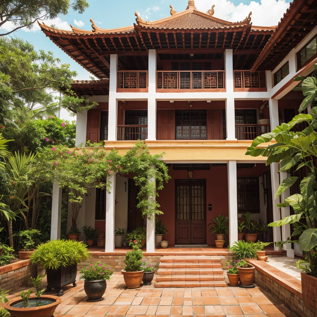 photograph, exterior, vietnamese heritage house, terracotta tiled gable roof, yellow ochre walls, centre lotus pond, wooden doorways, open veranda, serene atmosphere, colonial influences, lush potted plants, terracotta floor, tropical plantings, verdant potted plants on porch, soft shadows, tranquil, overcast sky, wide angle view