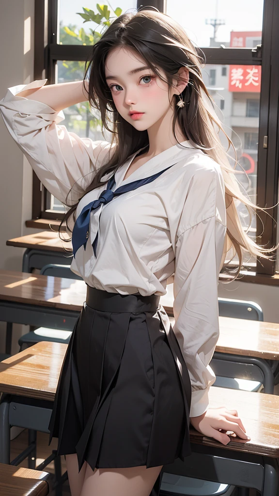 The location is a school classroom、I am a high school boy with long bangs.。A beautiful high school girl who is half French and half Japanese、Anyway, her face is beautiful、Beautiful blue eye color、She has beautiful long straight hair that is light blonde in color.、The outfit is a sailor suit, a Japanese , with a white blouse and a grey skirt.。To that beautiful high school girl、I am being abused。The beautiful high school girl is clenching her fist and raising it up in the air in anger.