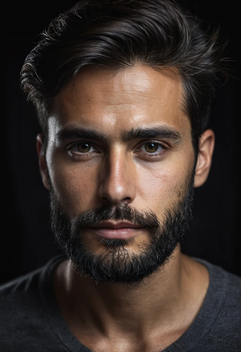 Retrato de Hombre muy serio sin barba con fondo obscuro, imagen hiper realista 