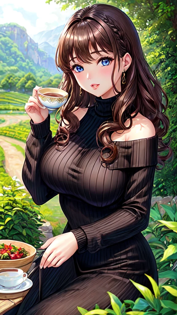 1 female、brown hair、curly hair、blue eyes、thick lips、Black turtleneck knit dress、off shoulder、slim、valley、beautiful breasts、Fresh greenery、Tea plantation、sunlight、masterpiece、ultra high resolution、perfect lighting、16k，cleavage