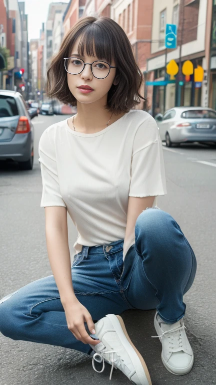 (Best Quality, Masterpiece, Photo realistic, Ultra Detailed, ultra high res, raw:1.3),cinematic lighting, japanese lady, pale skin, droopy eyes, 20 year old, bowl cut hair, loose white T-shirt,naval, (lowrise skinny jeans), (sneaker, beautiful legs), (full body shot), main street, from below,(no bra), (braless),(Glasses:1.3),