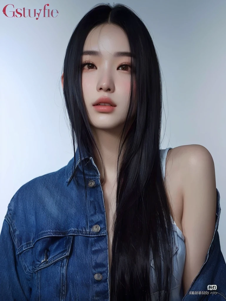 arafed woman with long black hair wearing a denim jacket, realistic. cheng yi, inspired by Yanjun Cheng, inspired by Russell Dongjun Lu, by Russell Dongjun Lu, ig model | artgerm, photorealistic artstyle, realistic artstyle, ross tran style, artwork in the style of guweiz, in the style of ross tran