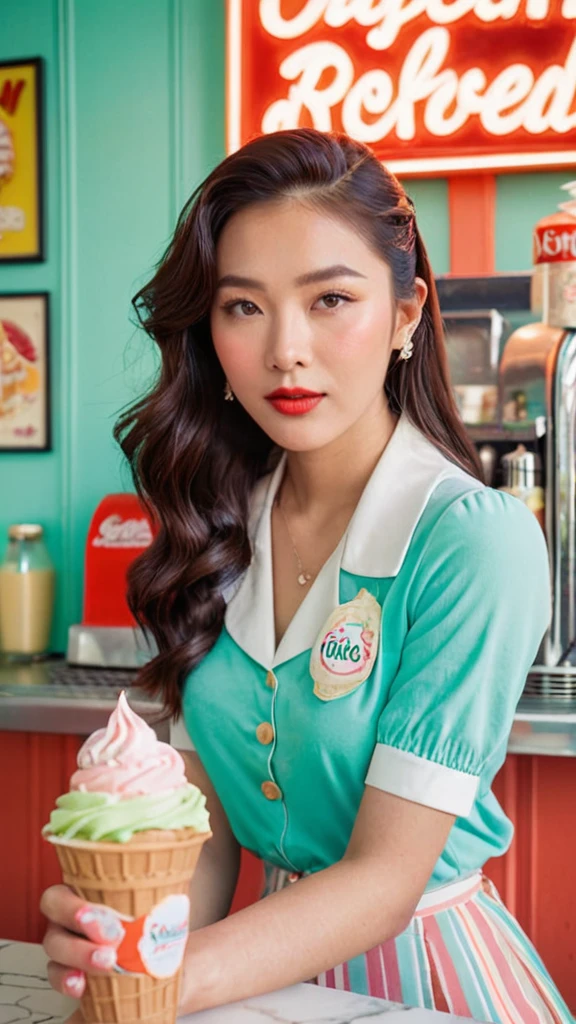 Portrait MagMix Girl look at camera, long hair, Retro ice cream parlor with pastel-colored walls, a classic soda fountain counter, and vintage ice cream posters, face lightning, analog film photo, unusual fashion choices, unusual hairstyles choices, pale skin, Korean girl, beautiful girl, (outfit: angel point Elle shrug in mint, angel pant mint, logo baby tee, 