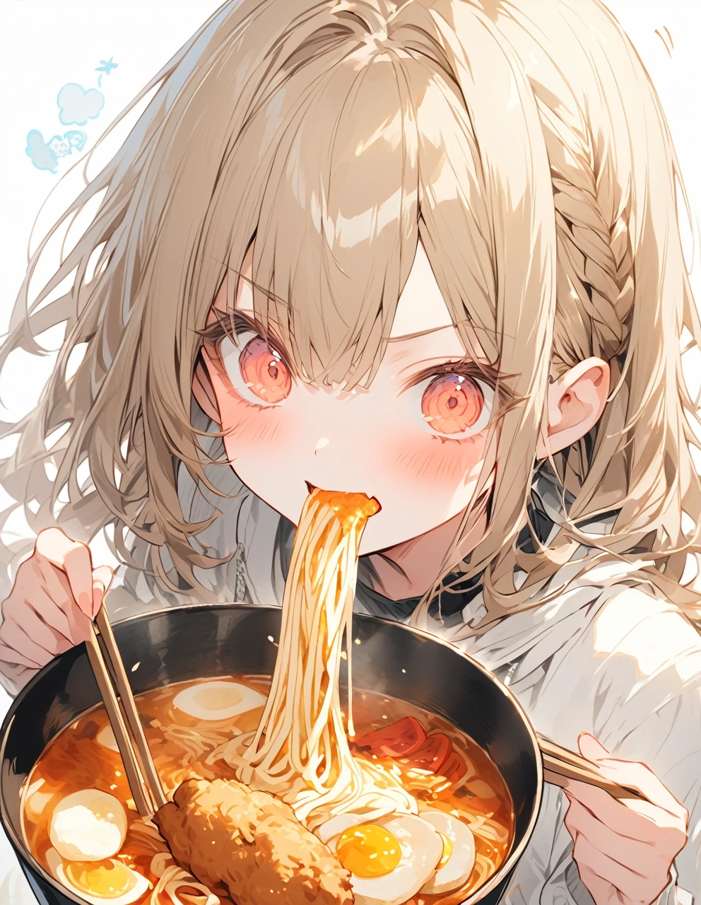 A  with a ティアラ lurping ramen. Fried chicken is delicious.