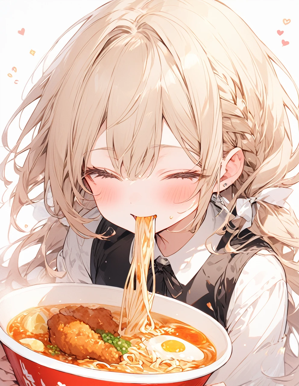A  with a ティアラ lurping ramen. Fried chicken is delicious.