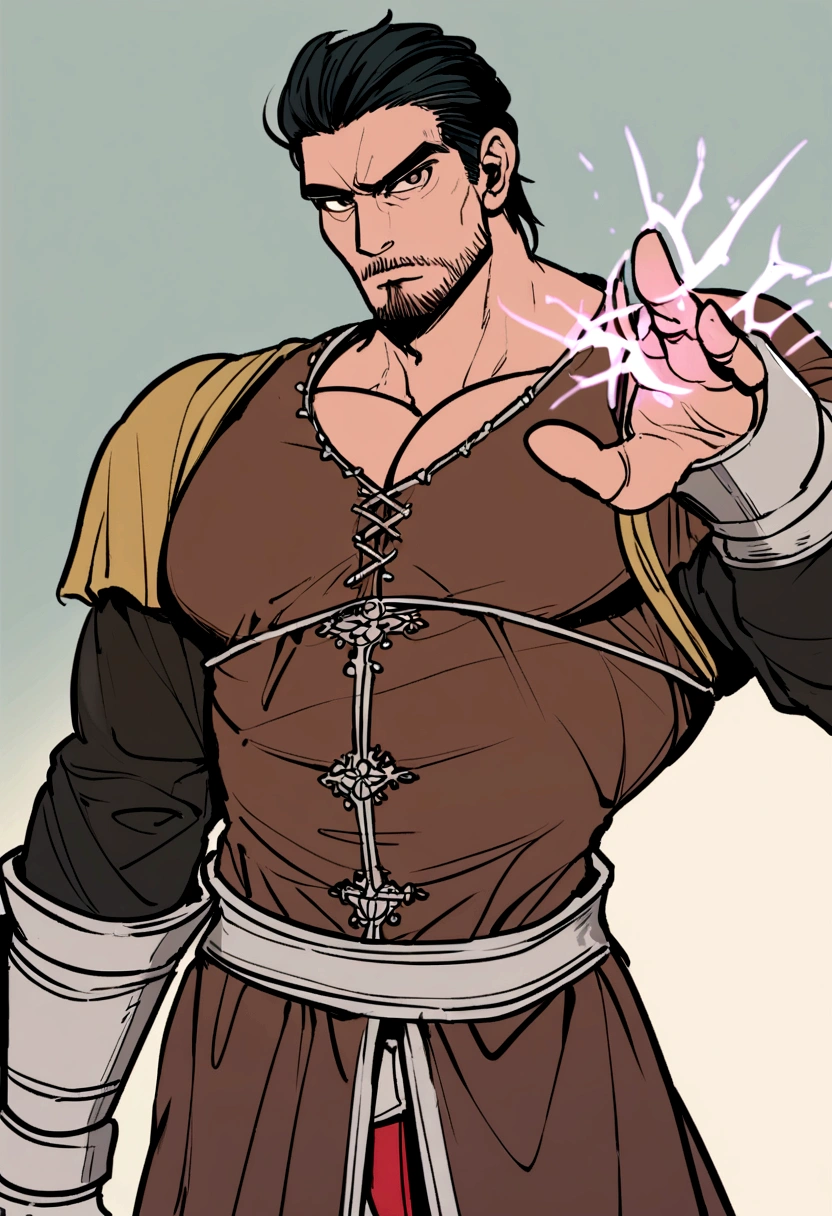 Hombre musculoso, sin nada de ropa, solo una armadura, sin nada en las piernas solo su gran dick, medieval, grandes pectorales