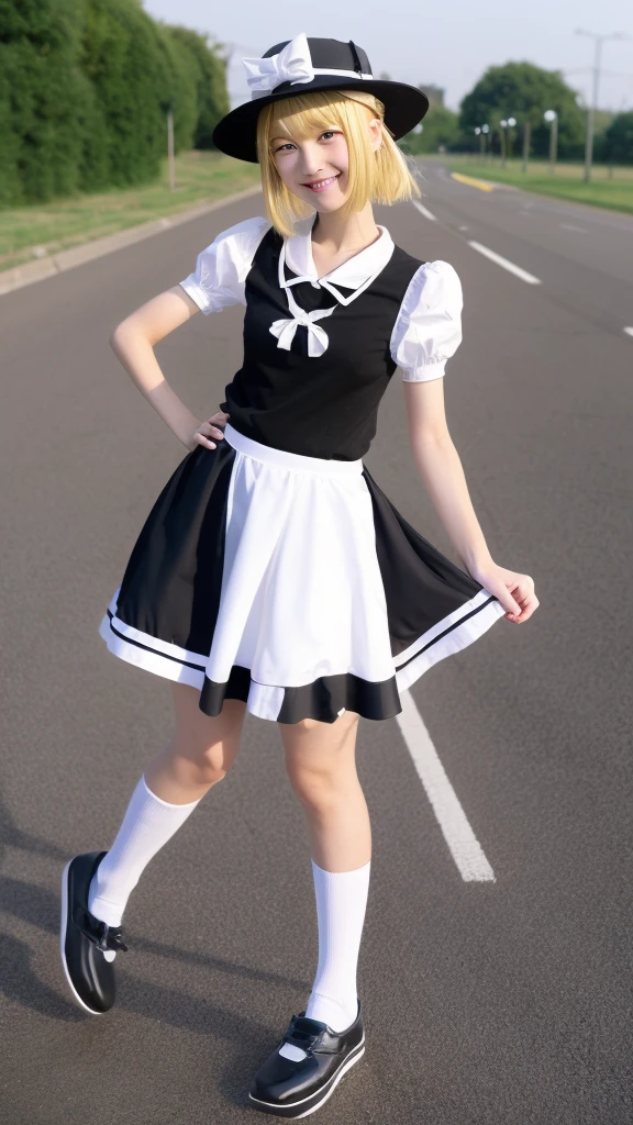 8 times_NMKD-Super Scale_150000_G),(8K, super high quality,highest quality),(masterpiece:1.5),(full body image),Girl Standing In School Classroom,(A bow tie,white dress shirt,plaid pleated skirt),((navy knee socks)),smile,beautiful feet,Low ponytail