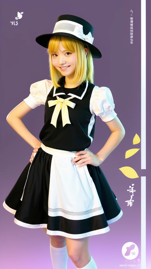1girl, , , masterpiece, best quality, 10 years old, medium blonde hair, forehead visible bags, yellow eyes, hat, heart, black headwear, puffy short sleeves, log black skirt, heart hads,,1girl, solo, yellow eyes, yellow hair, bow, hat bow, socks, black footwear, black skirt, short sleeves, yuki (touhou), black vest, white sleeves, frill skirt, light smile