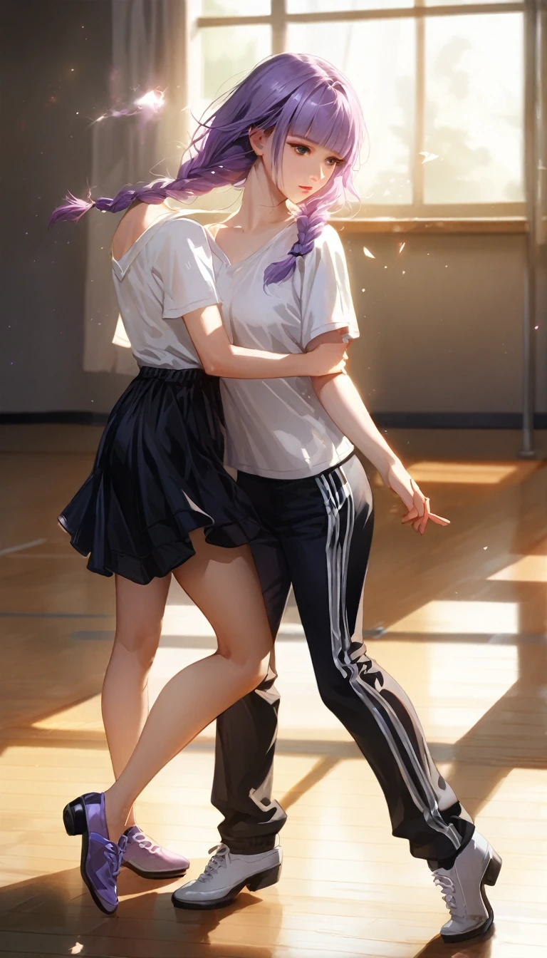 (cute a girl:1.5), (one girl with pale purple hair,wavy two braids,blunt bangs hair,green and black eyes,
A girl in a short-sleeved white T-shirt and tracksuit pants, dancing shoes, taking a dance lesson in a dance studio,:1.4),(masterpiece:1.3), anime visual, (Lovey-dovey:1.5), (tilt head:1.3), extremely delicate face, soft clean focus, realistic lighting and shading, (an extremely delicate and beautiful art:1.3), The girl collapses, heat,