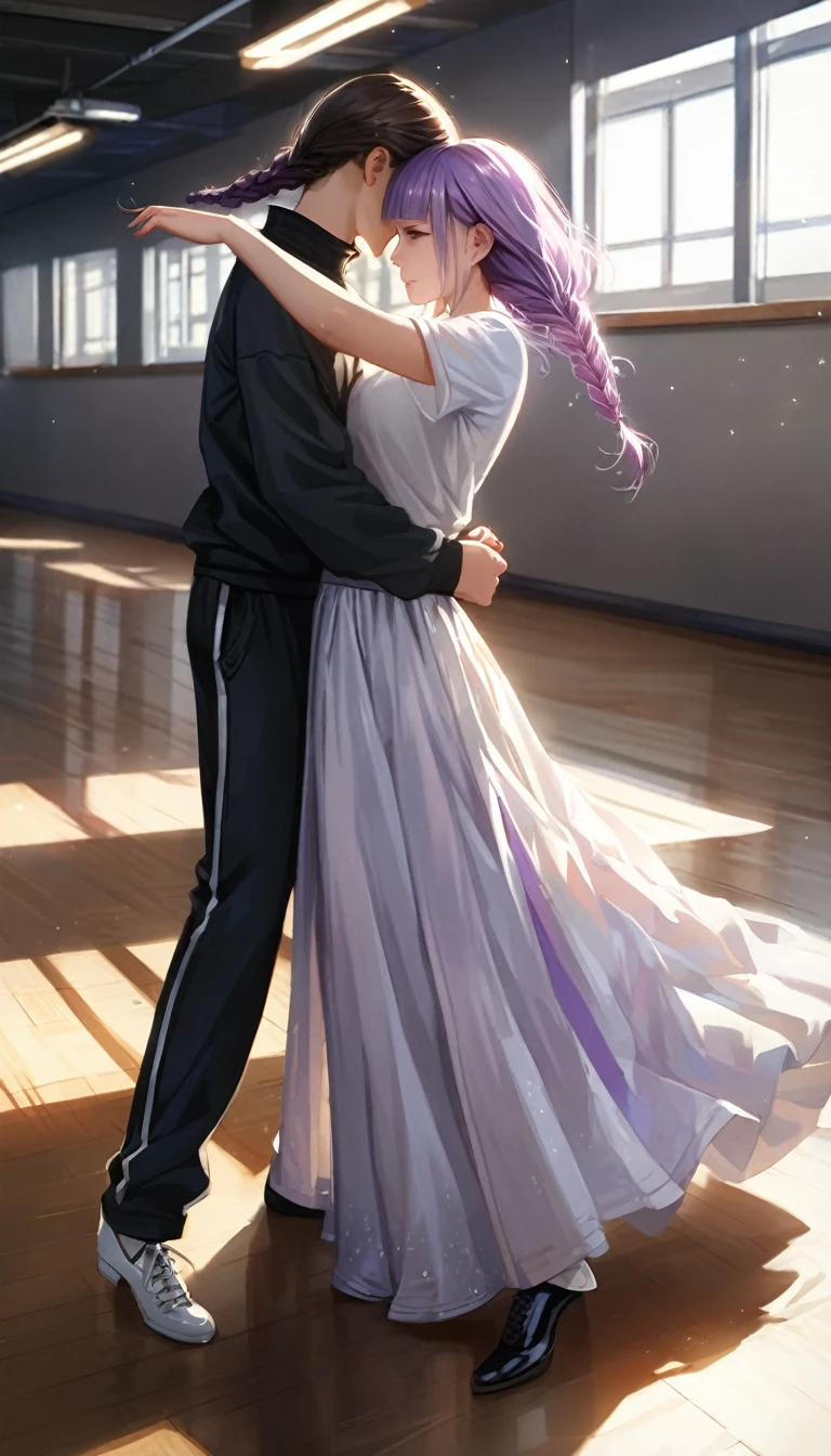 (cute a girl:1.5), (one girl with pale purple hair,wavy two braids,blunt bangs hair,green and black eyes,
A girl in a short-sleeved white T-shirt and tracksuit pants, dancing shoes, taking a dance lesson in a dance studio,:1.4),(masterpiece:1.3), anime visual, (Lovey-dovey:1.5), (tilt head:1.3), extremely delicate face, soft clean focus, realistic lighting and shading, (an extremely delicate and beautiful art:1.3), The girl collapses, heat,