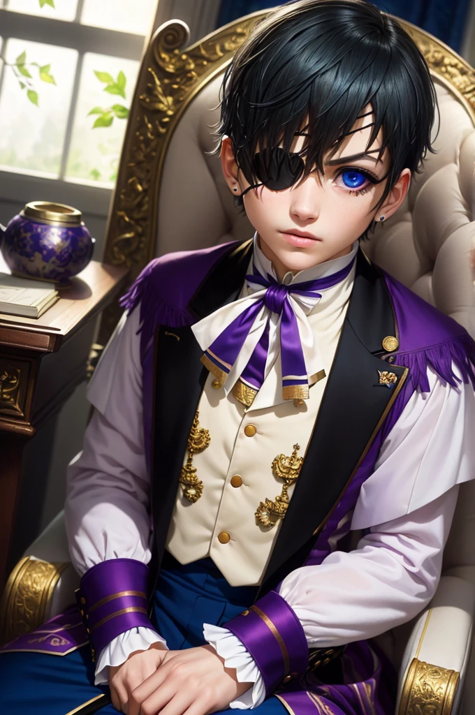 (Best Quality,4k,8k,highres,Masterpiece:1.2),A highly detailed,(Realistic,Realistic Photos,Realistic Photos:1.37),portrait,anime,Phantomhive Sky,boy,10 years old,,dark hair,Intense look,pale skin,Royal Uniform,Classic Victorian style,Stylish clothes,Precision stitching,Feather has,Golden accents,deep blue eyes,Purple eye patch,Detailed lashes,exquisite facial features,serious expression,Confident position,Stand in majestic, Sit in a beautiful office with a window behind it overlooking the garden,Dramatic shades,Invisible lens glow,vibrant colours,Rich color scheme,Royal Purple,Royal Blue,Delicate pastel tones,Gentle sunlight flows through the leaves. Ten-year-old boy dressed in boyish clothes with short hair