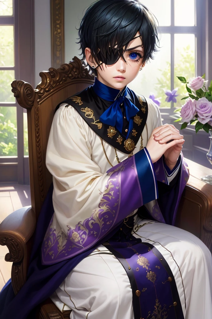 (Best Quality,4k,8k,highres,Masterpiece:1.2),A highly detailed,(Realistic,Realistic Photos,Realistic Photos:1.37),portrait,anime,Phantomhive Sky,boy,10 years old,,dark hair,Intense look,pale skin,Royal Uniform,Classic Victorian style,Stylish clothes,Precision stitching,Feather has,Golden accents,deep blue eyes,Purple eye patch,Detailed lashes,exquisite facial features,serious expression,Confident position,Stand in majestic, Sit in a beautiful office with a window behind it overlooking the garden,Dramatic shades,Invisible lens glow,vibrant colours,Rich color scheme,Royal Purple,Royal Blue,Delicate pastel tones,Gentle sunlight flows through the leaves. Ten-year-old boy dressed in boyish clothes with short hair