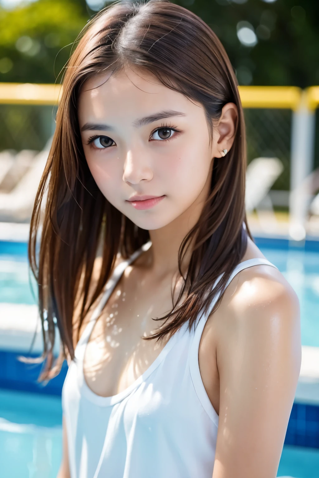 (((Shiny skin:1.5, Light Skin: 1.5, Glowing Skin, 非常にGlowing Skin, Glossy body))),((nsfw)),((Flat Chest)),Sharp Photos、８K quality、 (Small breasts：2.0)、NSFW、Highest quality、Realistic images、Exquisite detail、Ultra-high resolution、8K、Summer sunshine、Professional Lighting、16-year-old girl、(Amazingly cute:1.2)、A sophisticated eye、((Brown eyes))、(Brown Hair)、From below、((from the front))、((Middle School Outdoor Pool))、Inviting eyeature look、Sweaty skin