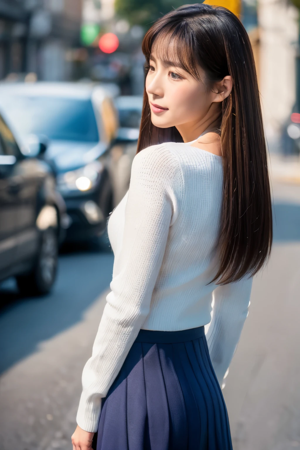 ((top-quality、in 8K、masterpiece:1.3))、sharp focus:1.2、Beautiful woman perfect body:1.4、Slim abs:1.2、((Longhaire、straight haired:1.2))、(Long sleeve knit in navy blue、tight skirts:1.1)、(Sateen、a street:1.2)、wetbody:1.5、Three-dimensional texture、A detailed eye、Very shiny hair、posterior view、Hair quality improvement
