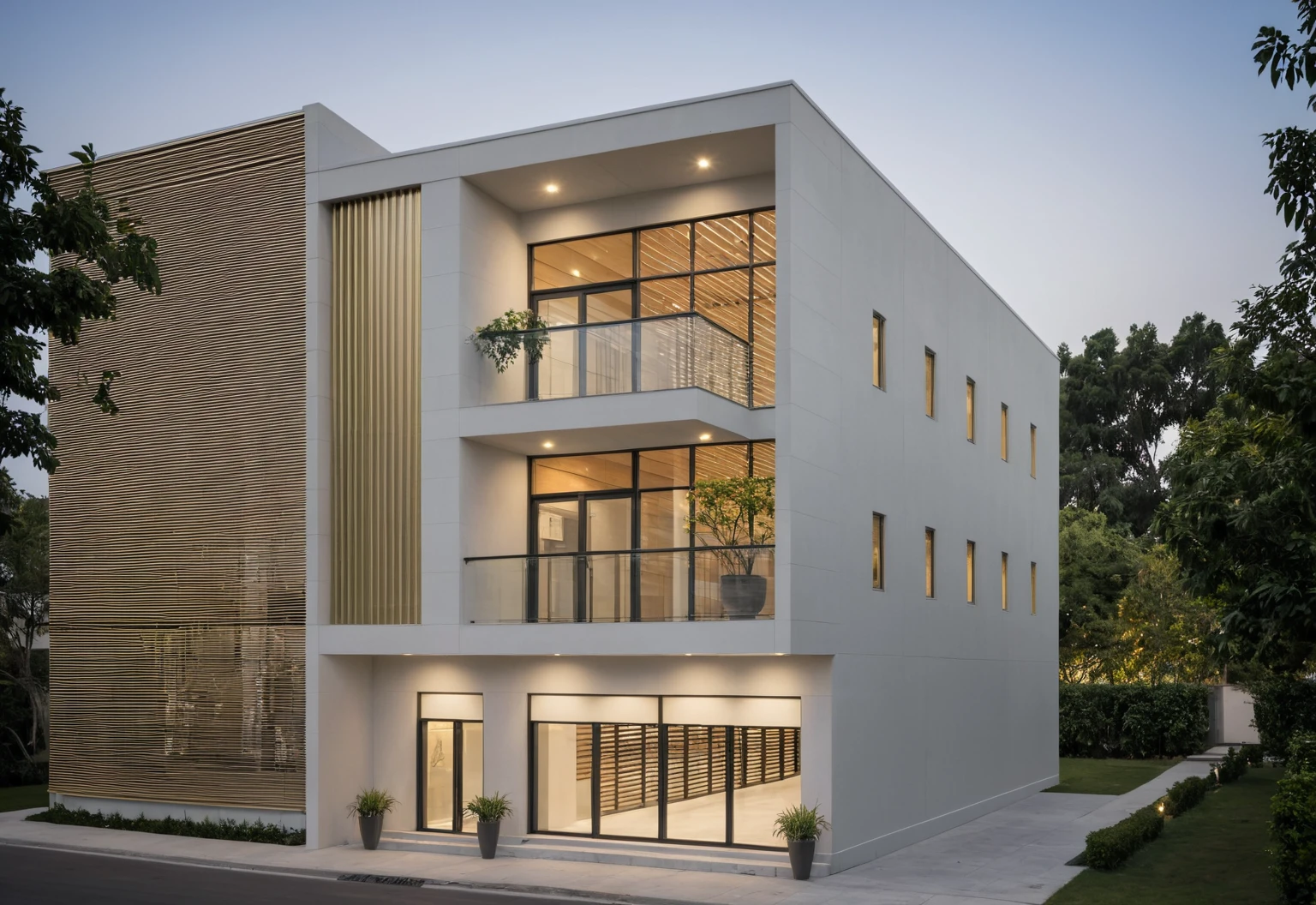 Raw photo,Masterpiece, high quality, best quality, authentic, super detail, modern style, aiaigroup,office building, decorative bars, decorative louvers, sun louvers, aluminum wall cladding, gold aluminum, glass railing,outdoors, tree, building, scenery, city, road, real world location, treet, window, balcony, glass railing, on the street, minimalist line, daylight, realistic