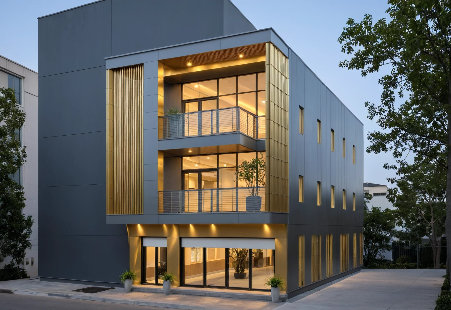 Raw photo,Masterpiece, high quality, best quality, authentic, super detail, modern style, aiaigroup,office building, decorative bars, decorative louvers, sun louvers, aluminum wall cladding, gold aluminum, glass railing,outdoors, tree, building, scenery, city, road, real world location, treet, window, balcony, glass railing, on the street, minimalist line, daylight, realistic