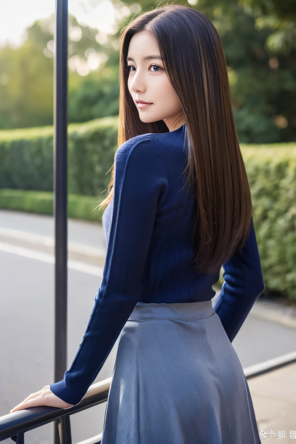 ((top-quality、in 8K、masterpiece:1.3))、sharp focus:1.2、Beautiful woman perfect body:1.4、Slim abs:1.2、((Longhaire、straight haired:1.2))、(Long sleeve knit in navy blue、tight skirts:1.1)、(Sateen、a street:1.2)、wetbody:1.5、Three-dimensional texture、A detailed eye、Very shiny hair、posterior view、Hair quality improvement