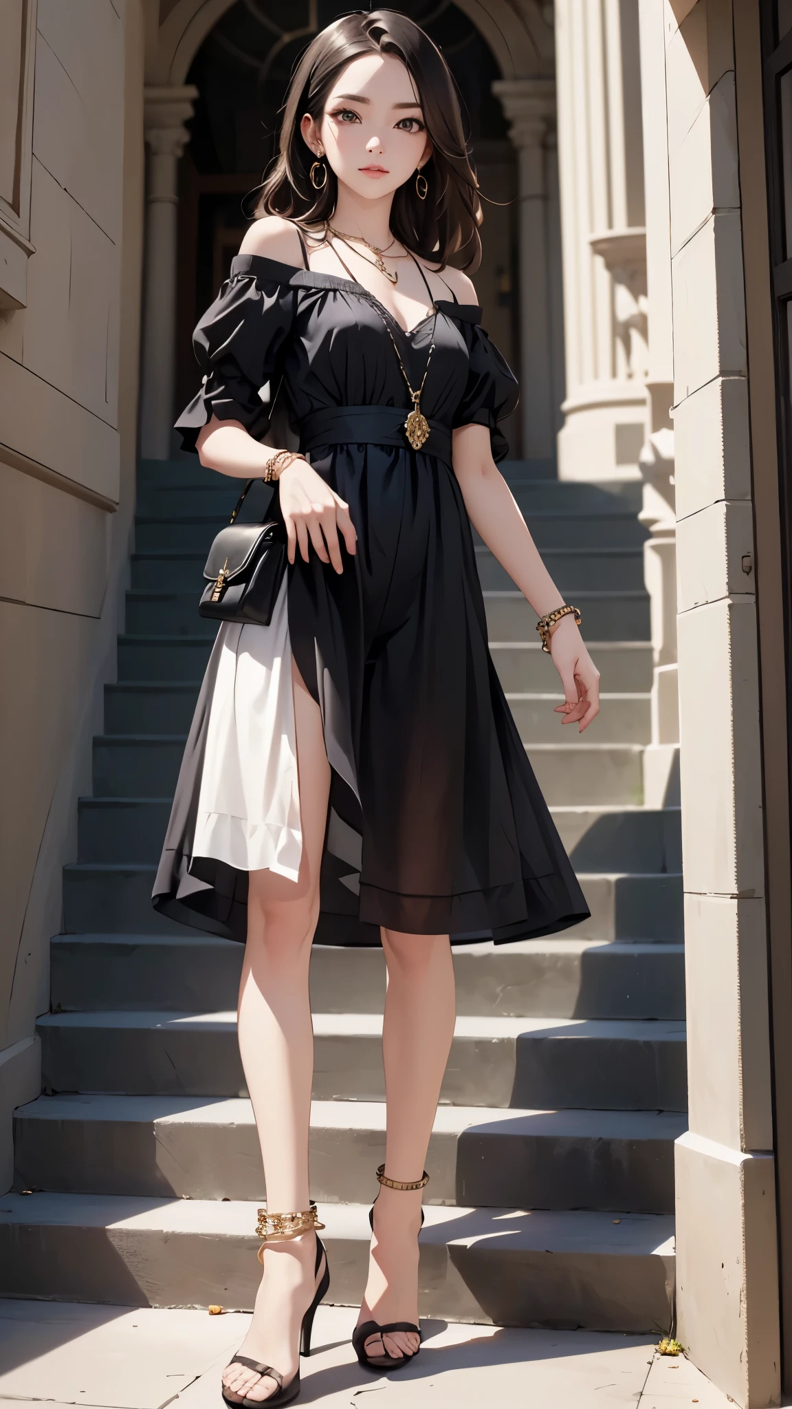 ((Biologically correct limb count))、((Full Body Shot, Full-body photo including face、Head to toe photos))、4K、masterpiece、((Focus on the face))、((Symmetrical facial features))、Eyes of meticulous depiction、One beautiful woman、Excellent style、(panties、Black garter stockings、High heels with anklets)、Detailed Description、Small earrings、necklace、Looking back while climbing stairs