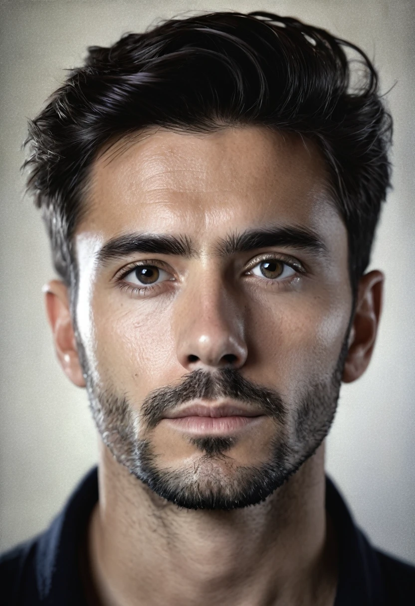 Retrato de Hombre blanco muy serio con fondo obscuro, imagen hiper realista