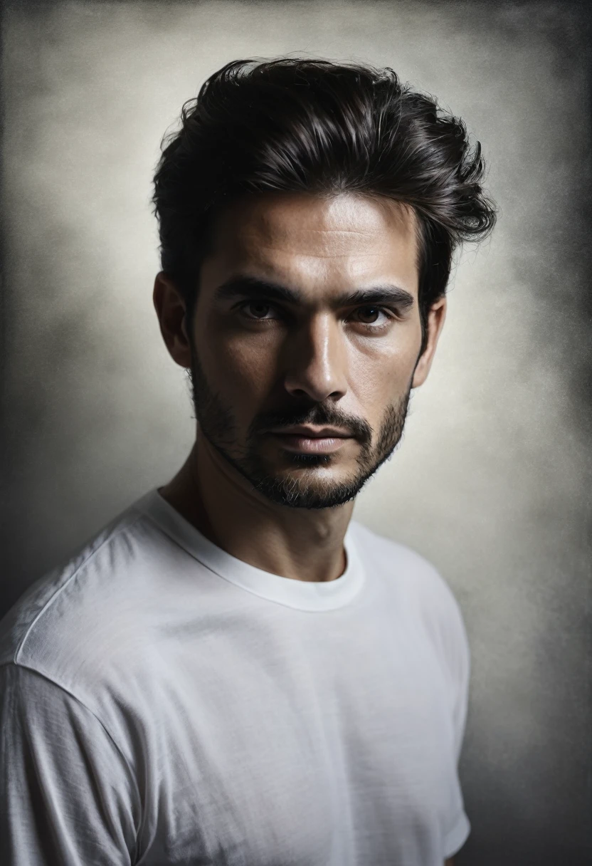Retrato de Hombre blanco muy serio con fondo obscuro, imagen hiper realista 