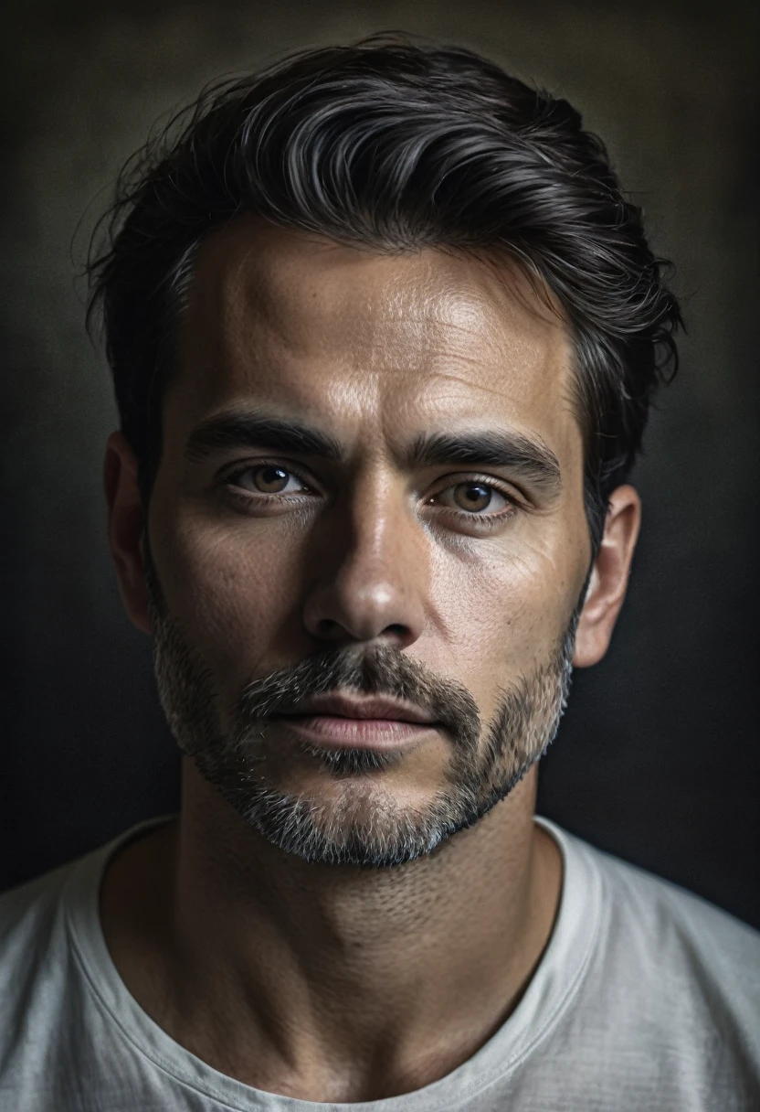 Retrato de Hombre blanco muy serio con fondo obscuro, imagen hiper realista