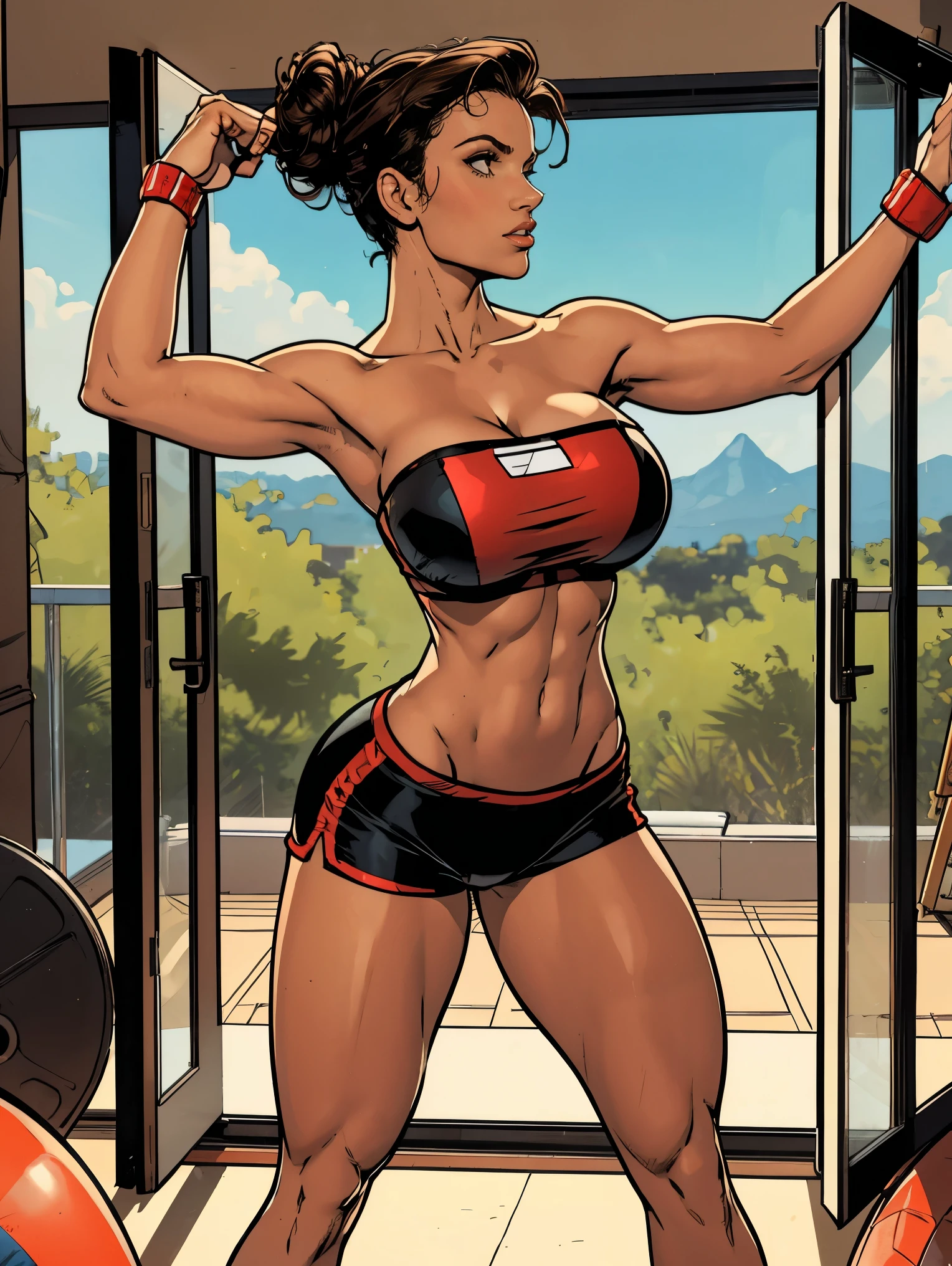Extremely busty thin and toned brunette, gym girl, fair skin, loose updo, soft face, athletic, strapless bright red tube top, tiny black spandex shorts. standing by a sliding glass door, gym, windows, stretching. Gigantic boobs.