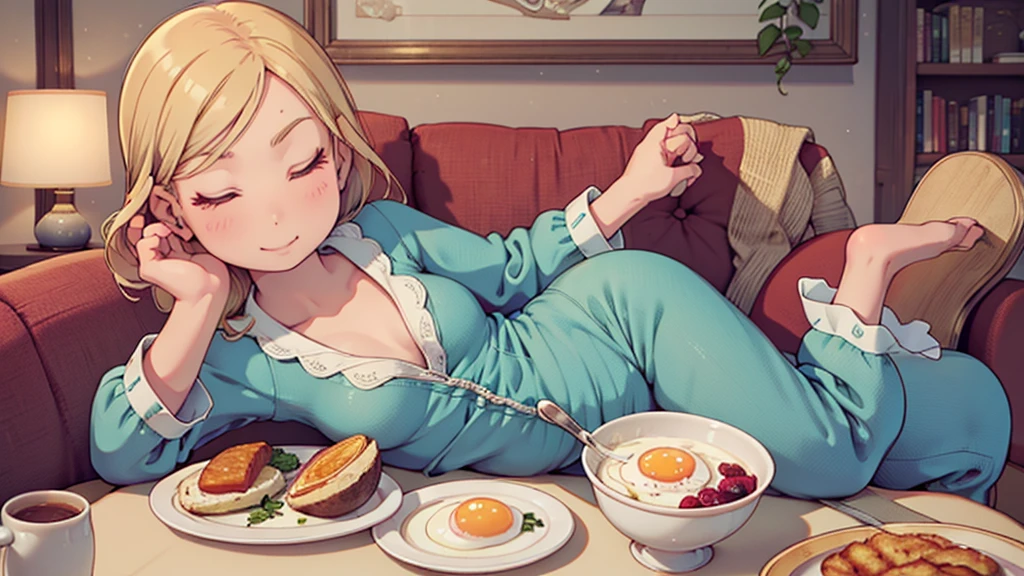 {{{A big smile with eyes closed}}}, 8k, {best quality}, {very aesthetic}, {ultra-detailed}, {best illustration}, Woman in pajamas, An exquisite living room bathed in the morning sun, {I eat breakfast}, Fried eggs on the table, Eat happily, comical, Small breasts, emo, {Sit on the sofa}, {Put your hands together}, Super elaborate face,