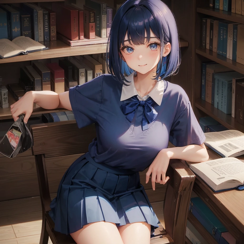 1. High school girl　17-year-old female　alone　Bobcut　dark blue hair color　　High School Uniform　light blue y shirt　Short sleeve　Blue Ribbon　Large Breasts　loafers　Full body portrait　Slim figure　Long legs　library　学校のlibrary　Bookshelf　Sit on a chair　Smiling Kindly　 Verbal invitation, She keeps her mouth open　Look up here