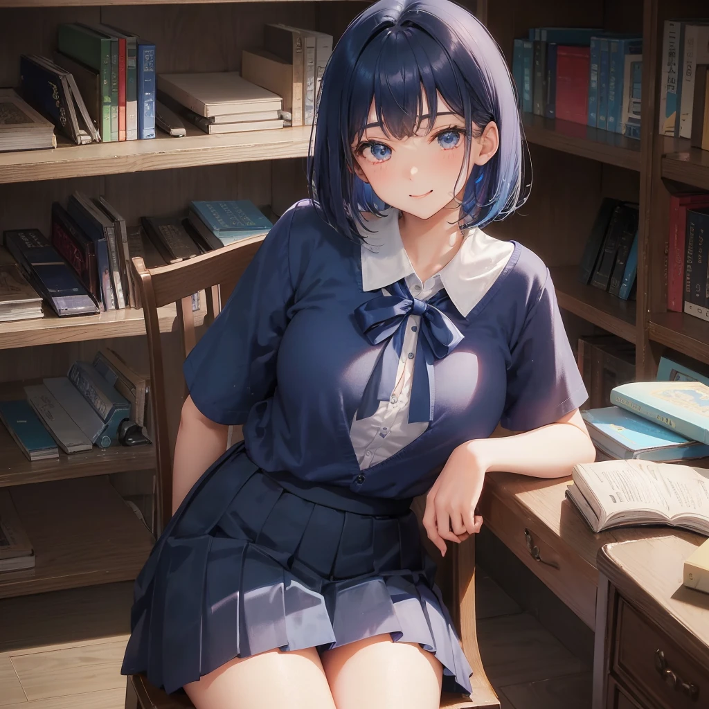 1. High school girl -yeld fee alone Bobcut dark blue hair color High School Uniform light blue y shirt Short sleeve Blue Ribbon Large Breasts loafers Full body portrait Slim figure Long legs library 学校のlibrary Bookshelf Sit on a chair Smiling Kindly Verbal invitation, She keeps her mouth open Look up here