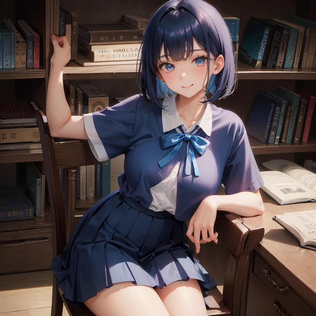 1. High school girl -yeld fee alone Bobcut dark blue hair color High School Uniform light blue y shirt Short sleeve Blue Ribbon Large Breasts loafers Full body portrait Slim figure Long legs library 学校のlibrary Bookshelf Sit on a chair Smiling Kindly Verbal invitation, She keeps her mouth open Look up here