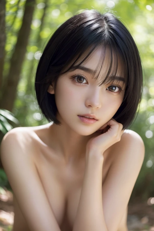 A naked girl leaning against a tree in the sea of trees、(High resolution:1.3), (16k, Photorealistic, Japanese, (One Girl), Beautiful Face, (A vivid face), (Black-haired、short hair:1.3), Beautiful Hairstyles, Realistic eyes, Beautifully detailed eyes, (Realistic Skin), Beautiful skins, attractive, High detail, Golden Ratio, Highly detailed cute girl,(20-year-old)