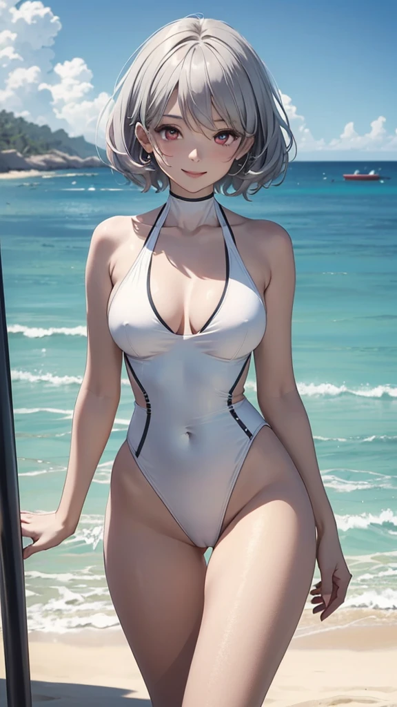 Masterpiece　Ultra high definition　Ultra HD　8k quality　Adult　 One Lady　Beautifully balanced proportions　Portraiture　White high leg swimsuit　Crotch line　sexy　short hair（（Shortcuts）（Gray Hair）（Perm）（fluffy））　((Vermilion eyes))　Lure（smile）　With background（Summer beach）　