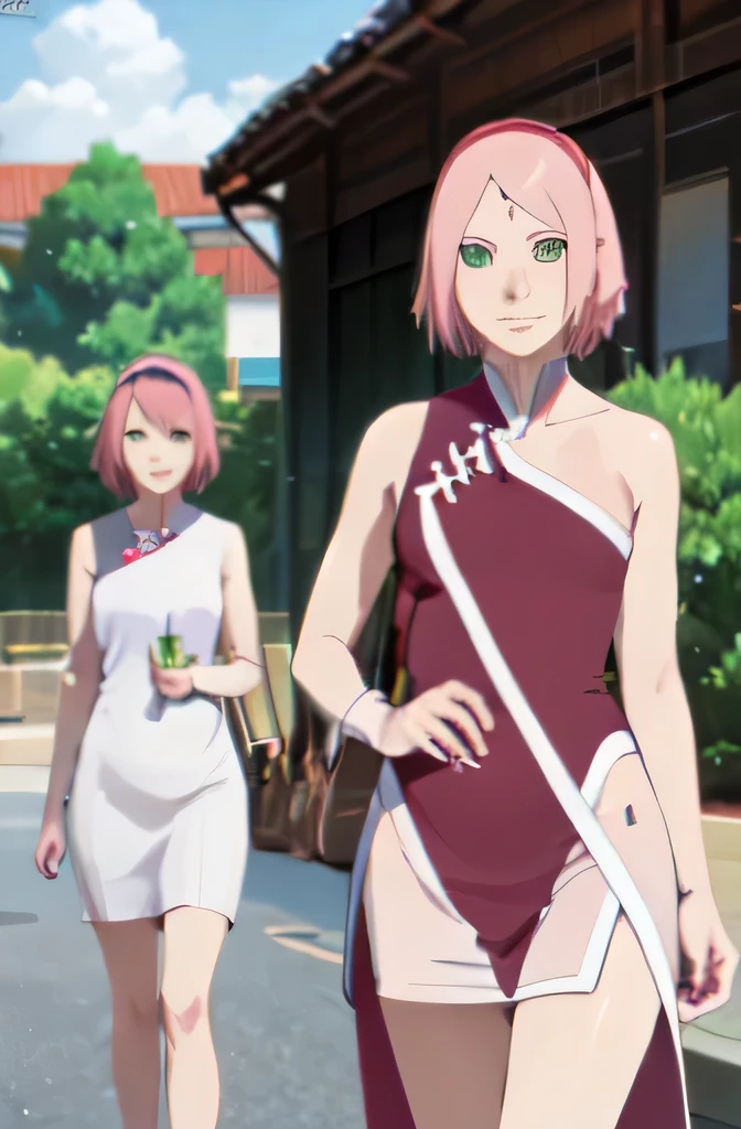 haruno sakura, side tie bikini, 1girl, medium breast, slim legs, sunny day