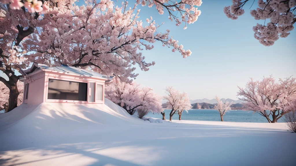 A large screen is placed in the branches of the peach tree,Screen as the main body,television ,monitor,Sky,White peach blossoms,television产品渲染,White and pale pink shades,3d,OC Renderer,High quality local rendering, Clean 3D Rendering,Hyper-realistic 3D rendering