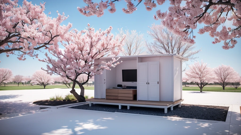 A large screen is placed in the branches of the peach tree,Screen as the main body,television ,monitor,Sky,White peach blossoms,television产品渲染,White and pale pink shades,3d,OC Renderer,High quality local rendering, Clean 3D Rendering,Hyper-realistic 3D rendering