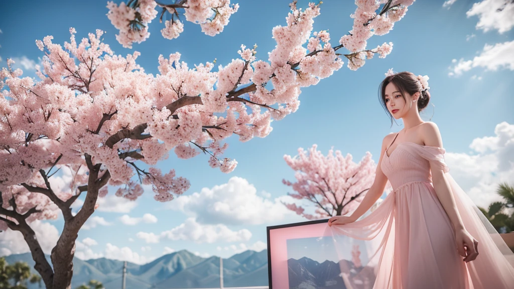 A large screen is placed in the branches of the peach tree，Screen as the main body，television ，monitor，Sky，White peach blossoms，television产品渲染，White and pale pink shades，3d，OC Renderer，High quality local rendering, Clean 3D Rendering，Hyper-realistic 3D rendering