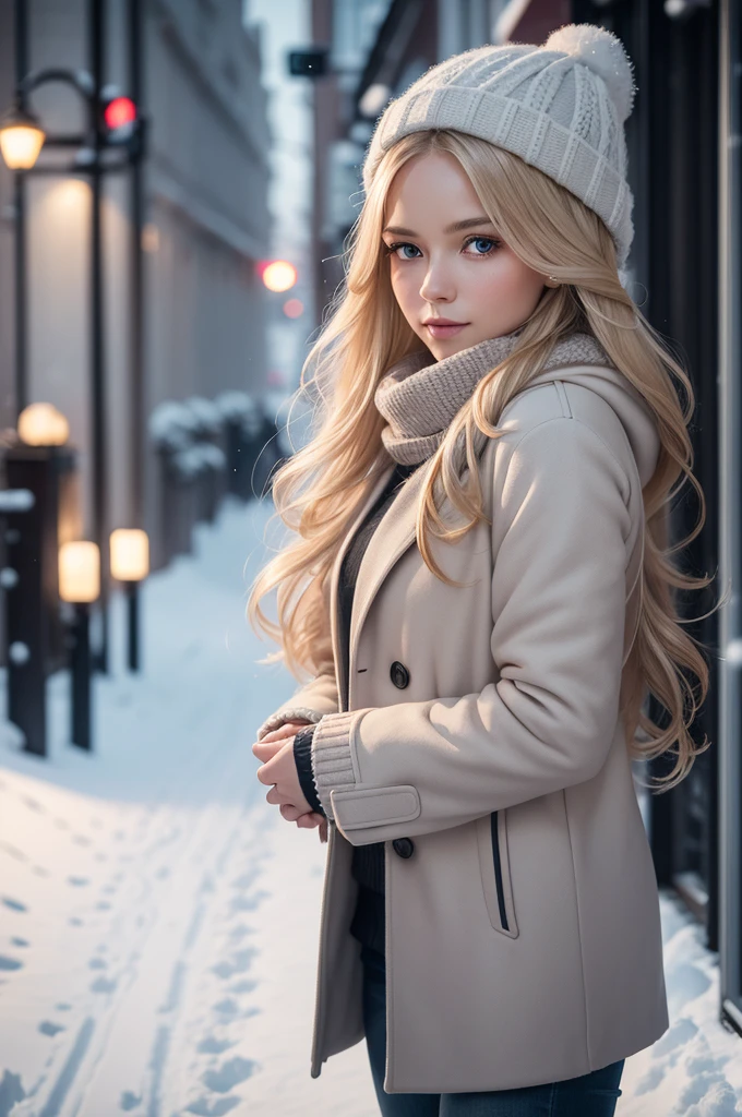 professional portrait photograph of a gorgeous Norwegian girl in winter clothing with long wavy blonde hair, sultry flirty look, gorgeous symmetrical face, cute natural makeup, wearing elegant warm winter fashion clothing, ((standing outside in snowy city street)), stunning modern urban environment, ultra realistic, concept art, elegant, highly detailed, intricate, sharp focus, depth of field, f/1. 8, 85mm, medium shot, mid shot, (((professionally color graded))), bright soft diffused light, (volumetric fog), trending on instagram, hdr 4k, 8k