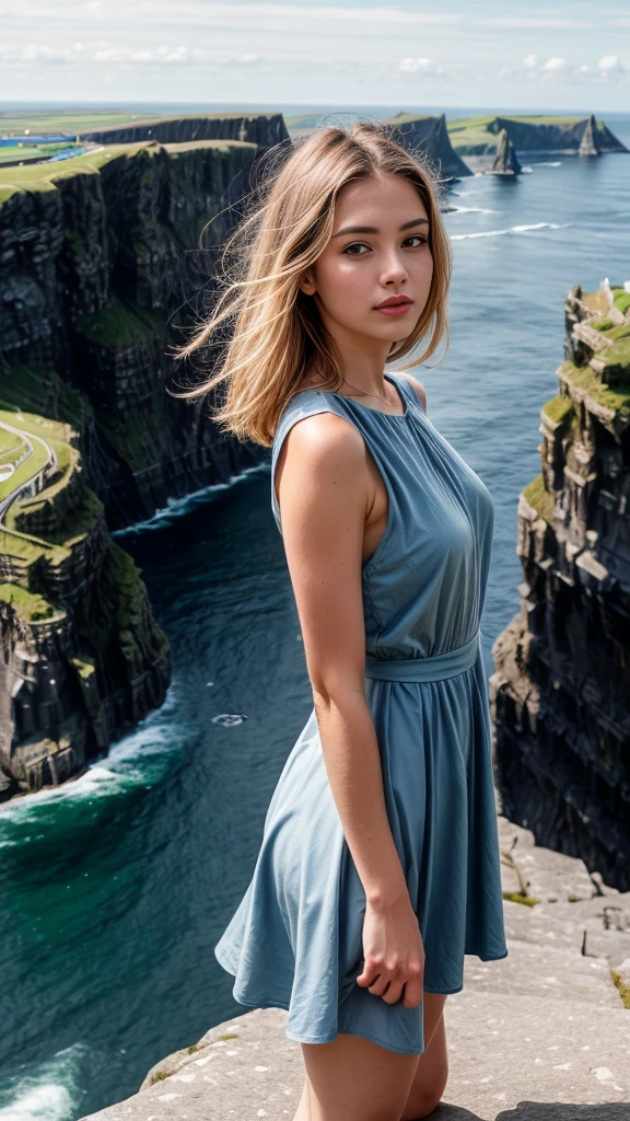 A beautiful europian girl, wearing crepe de Chine dress, sky blue dress, standing on the edge of the Moher Cliffs. She is 24 years old, has white hair and grey eyes. Her cloth is stylish and her overall appearance is stunning. The girl's face is extremely detailed with beautifully detailed lips. Her skin is anatomically correct with realistic textures. The image should have super high details and be of the best quality, with a resolution of 8K. The final result should be a masterpiece, showcasing the girl's beauty and the vibrant atmosphere of the ocean and Moher Cliffs